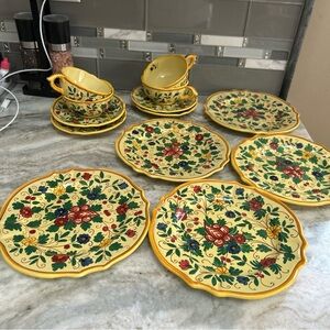 YELLOW Majolica  ITALIAN HAND PAINTED  Lunch Set Salad Desert Floral Cups/ Plate